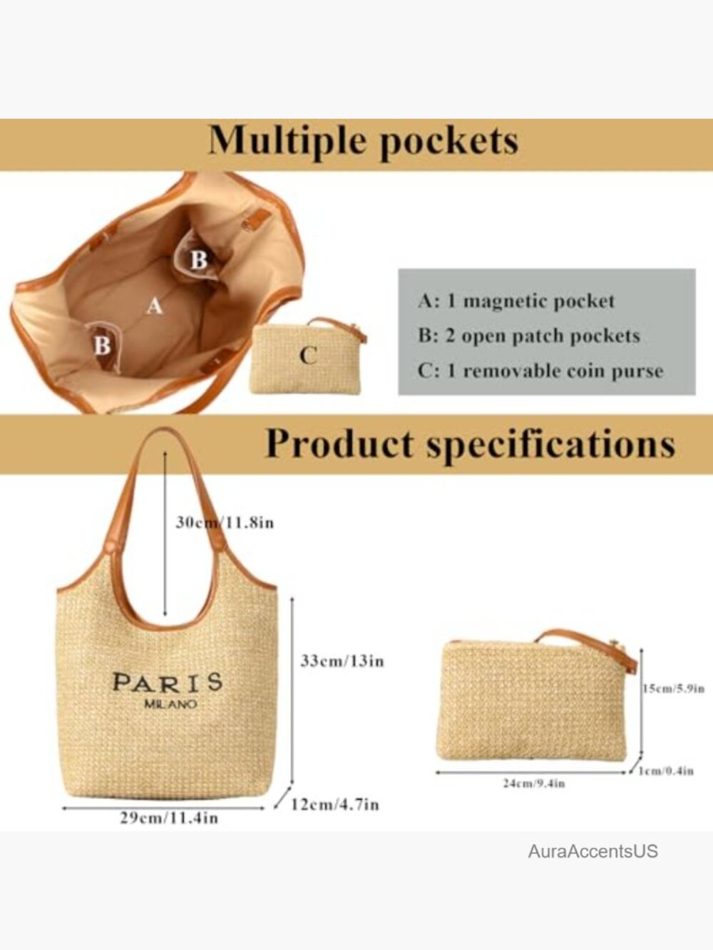 Straw Tote Bag with Detachable Coin Purse, Shoulder Beach Bag, Woven Summer - Picture 4 of 6